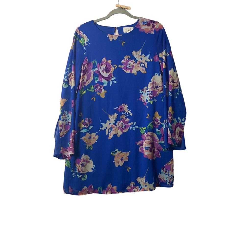 Anthropologie EVERLY Floral Shift Dress Women Size Small Long‎ Sleeve Blue Lined